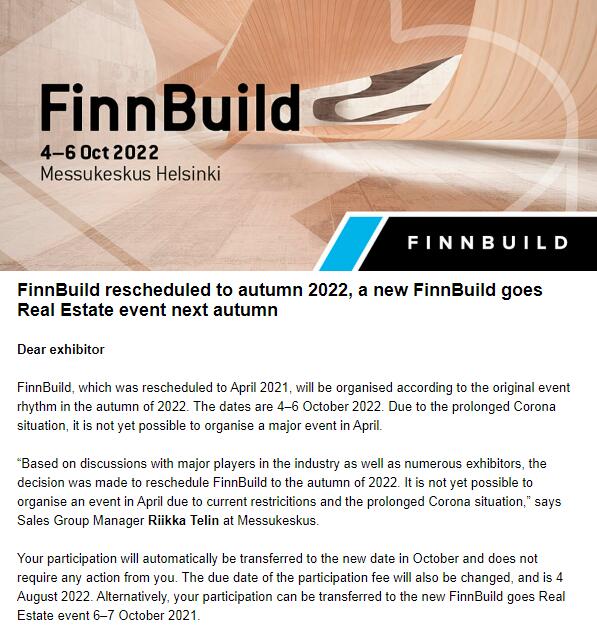 Finnbuild의 새로운 일정!